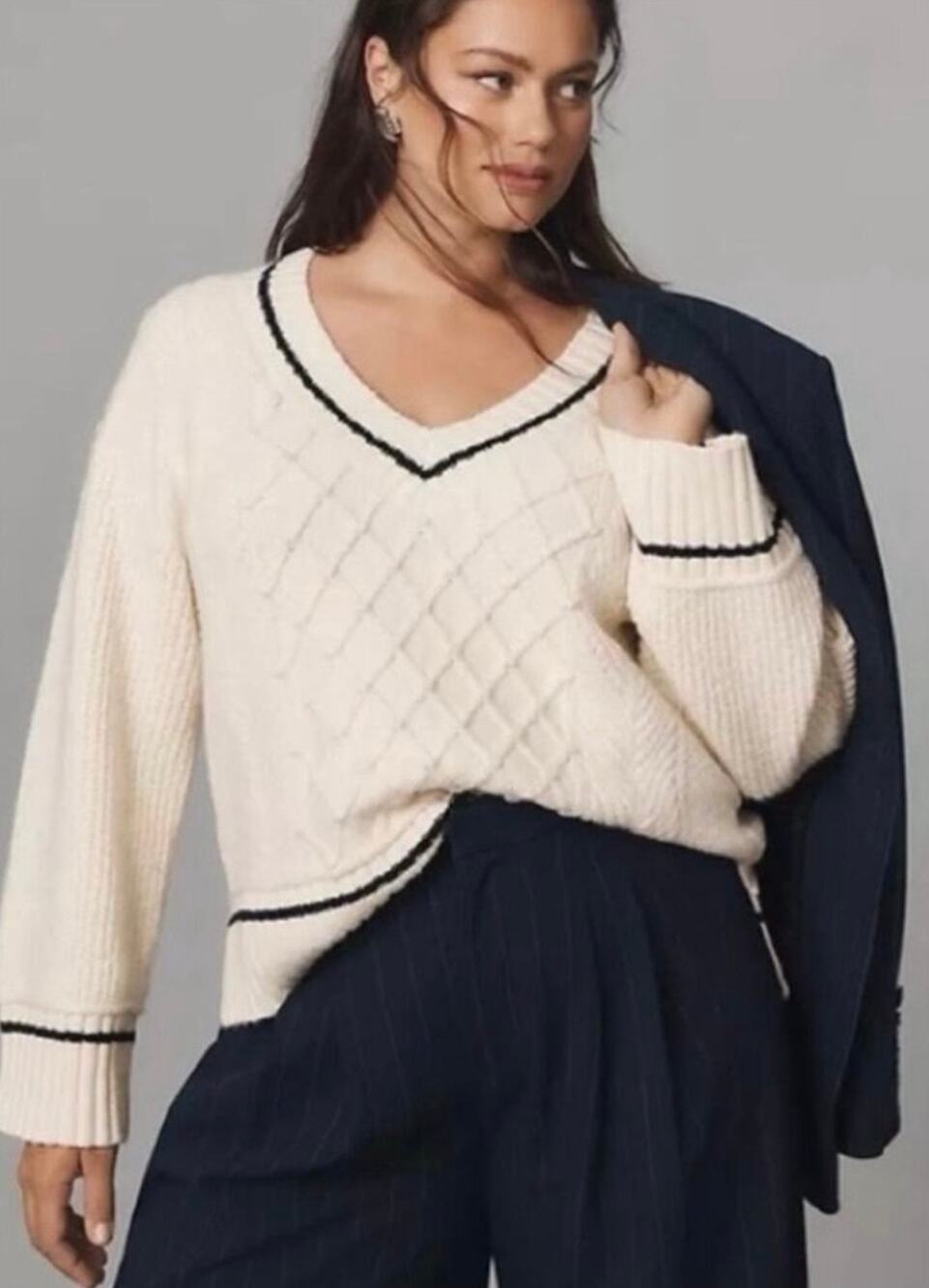 Maeve for Anthropologie Tillie V-Neck Pullover Cable Knit Cream Sweater-Size S